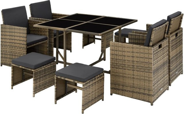 tectake Rattan Sitzgruppe Bilbao für 4 bis 8 Personen in Braun und Beige mit Polstern und Flechtmuster, B/T/H: 53 x 53 x 87 cm - Bild 2