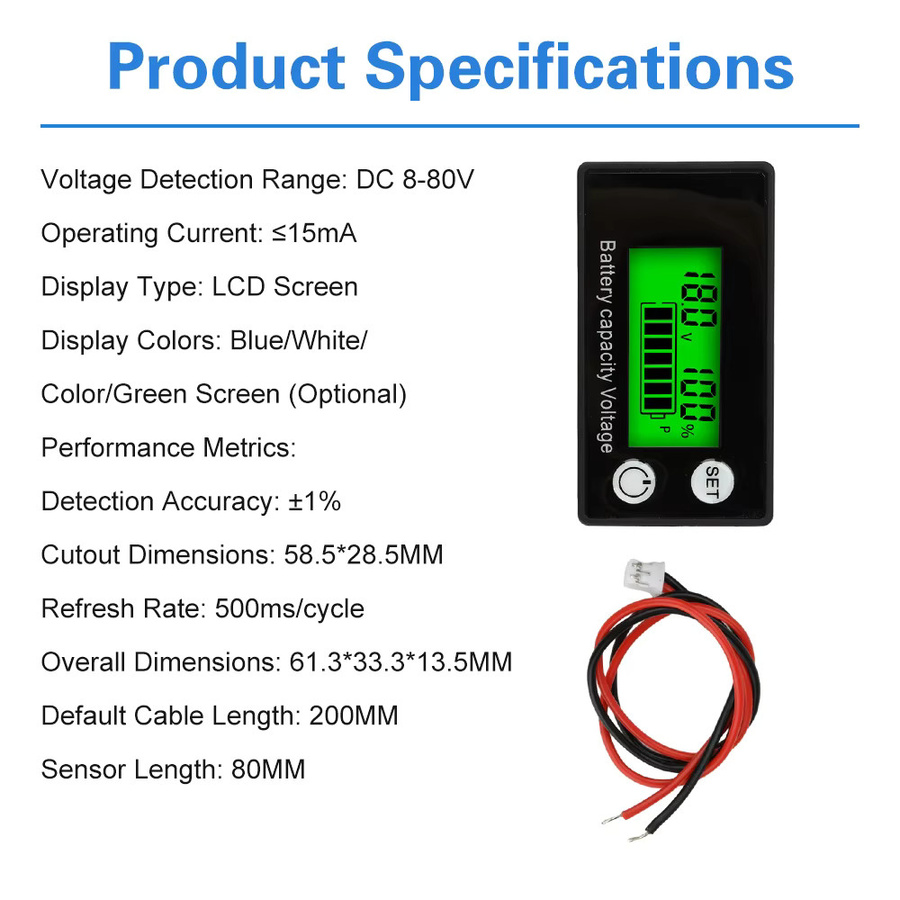 diymore 6133A DC8-100V Batteriemessgerät mit Alarm als Spannungsmesser und Lithium-Ionen-Batteriekapazitätsmonitor in Schwarz und Grün - Bild 2