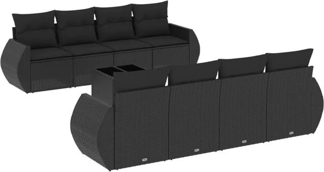 vidaXL 9-tlg Garten-Sofagarnitur aus Poly-Rattan mit Kissen und Tisch in Schwarz - Bild 1