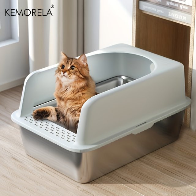 KEMORELA XL Katzenklos aus Edelstahl mit Deckel in Silber oder Braun, B/T/H: 60 x 50 x 15 cm - Bild 1