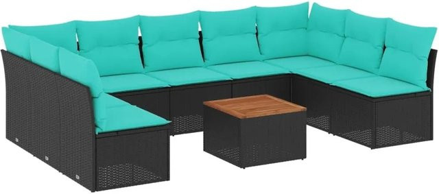vidaXL 10-teilige Garten-Sofagarnitur mit Kissen aus Poly-Rattan und Akazienholz in Schwarz - Bild 1