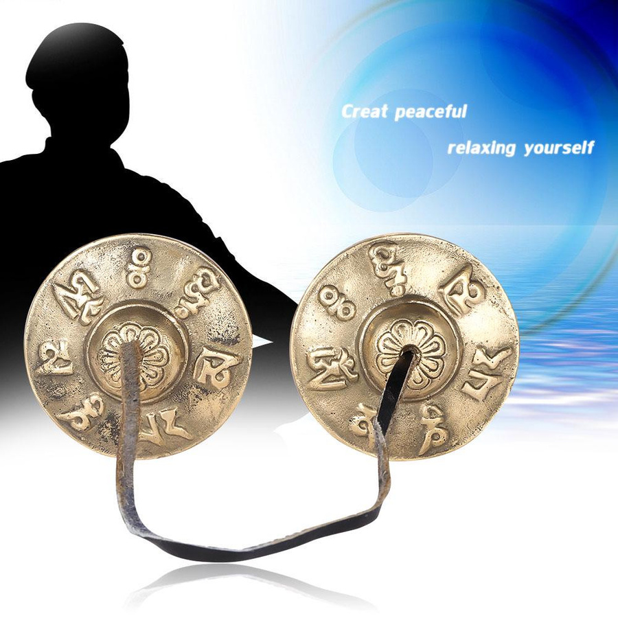 Koogeelife Tibetische Meditations-Tingsha-Beckenglocke aus Metall in Gold mit buddhistischen Glückssymbolen, Durchmesser: 6,5 cm - Bild 3