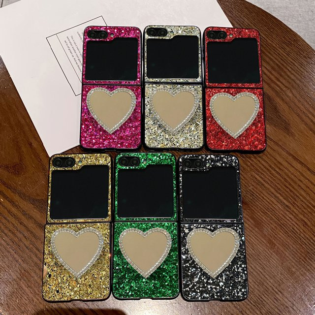 Glitzernde Samsung Galaxy Z Flip Rückabdeckung mit künstlichen Diamanten und Herz-Spiegel in Gold und Multicolour - Bild 1