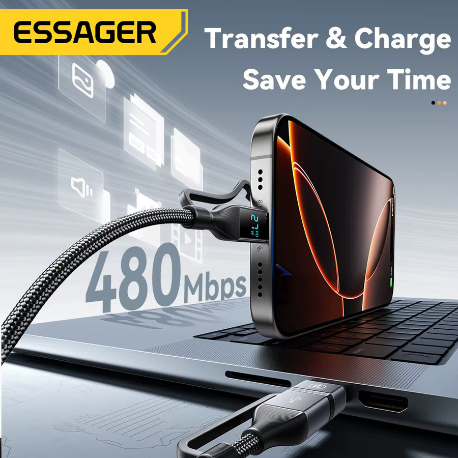 Essager 4 in 1 USB-C-Kabel mit digitalem Display, 100 W Schnellladefunktion und Beleuchtung für iPhone, Huawei, Xiaomi, MacBook und iPad, Farbe: Schwarz oder Grau - Bild 6