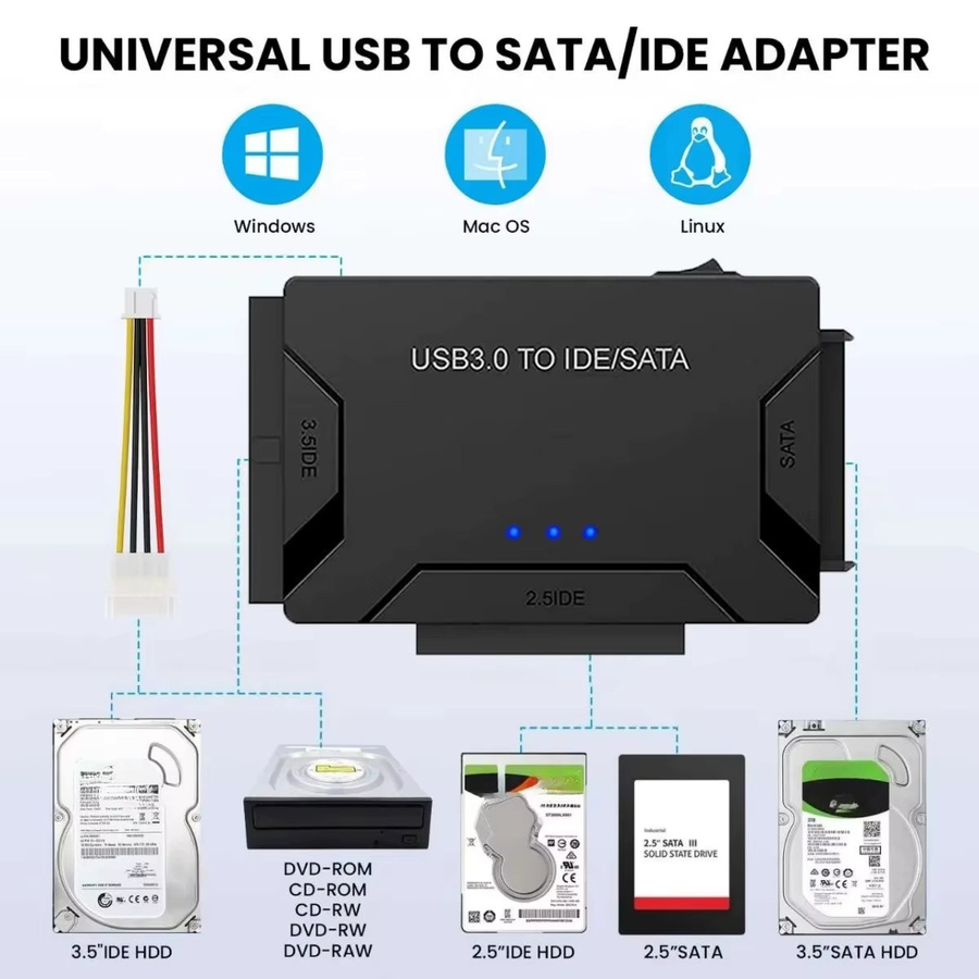 Congdi IDE SATA USB 3.0 Externer Festplattenadapter für 2,5 und 3,5 Zoll HDD SSD in Schwarz - Bild 2