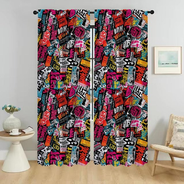 Graffiti Kunst Verdunkelungsvorhänge Set aus 2 Stück, Halloween Dekoration für Wohnzimmer und Küche, Farbe: Schwarz, B: 50 cm, H: 70 cm - Bild 1