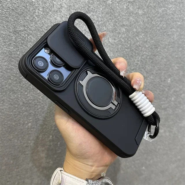 Magnetische Handyhülle für iPhone mit Handschlaufe und Kameraschutz in Schwarz - Bild 1