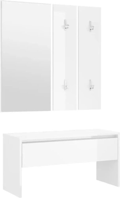 vidaXL Flurmöbel-Set in Hochglanz-Weiß bestehend aus Flurbank, Spiegel und Garderobe aus Holzwerkstoff und Acryl - Bild 1