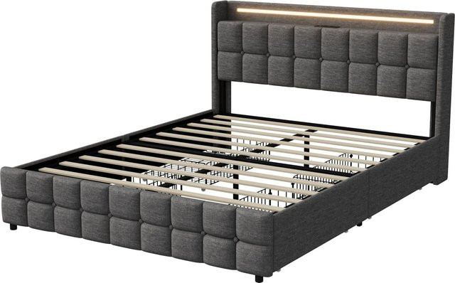 PXloue Doppelbett mit Lattenrost und Schubladen in Grau, modern mit USB-Ladeport und Leinenbezug, B/T/H: 160 x 200 x 103,5 cm - Bild 1