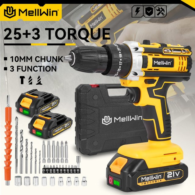 MELLWIN Akku-Schlagbohrmaschine und Akku-Schraubendreher mit 25 + 3 Drehmoment in Gelb, kompatibel mit Makita 18V LXT Batterien - Bild 1