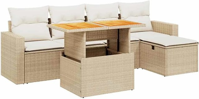 vidaXL 6-teilige Garten-Sofagarnitur aus Poly-Rattan und Akazienholz in Beige und Cremeweiß mit Kissen - Bild 1