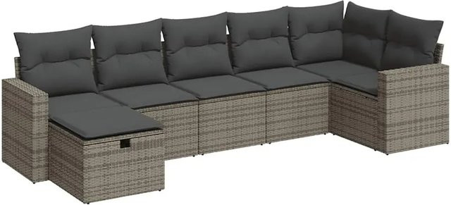 vidaXL 7-tlg. Garten-Sofagarnitur in L-Form aus Poly-Rattan in Grau mit Kissen und Ottoman - Bild 1