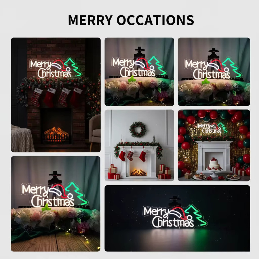 Weihnachts-Neonschild mit Weihnachtsmütze und Baum, mehrfarbig, USB-betrieben mit Schaltersteuerung, Wandbehang-Dekoration für Zuhause und Party, B/H: 40,0 x 15,0 cm - Bild 4