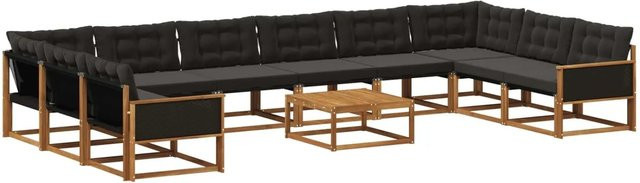 vidaXL Outdoor-Sofagarnitur in U-Form aus massivem Akazienholz mit Textilene und Kissen, Schwarz/Natur - Bild 1