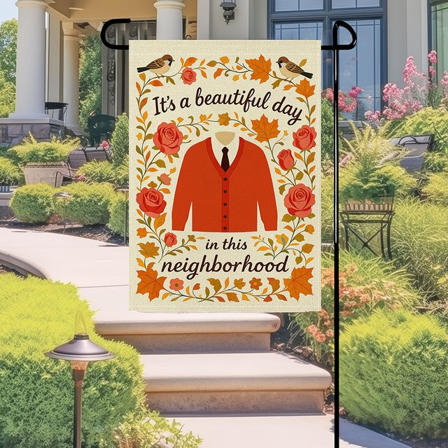 Gartenflagge RoarGosh mit Aufschrift Have a Wonderful Day in herbstlichem Design mit orangefarbener Strickjacke und Blumen - Bild 1