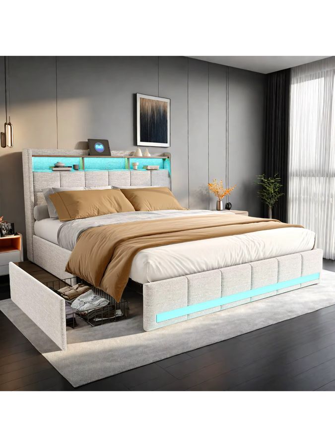 Rosahqnda Polster-Doppelbett in Beige mit Stauraum, 4 Schubladen und LED-Beleuchtung, B/T/H: 160 x 200 cm - Bild 4