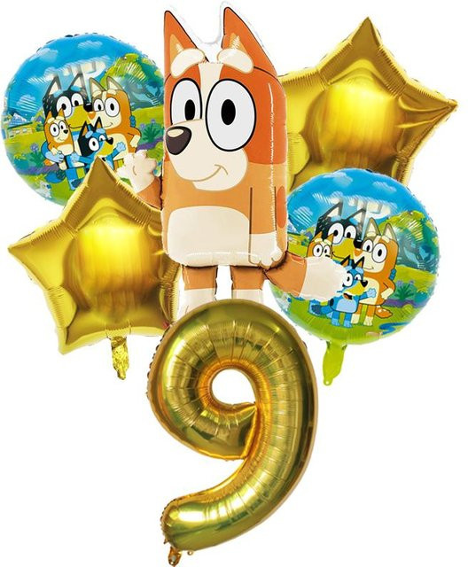 6 Stück Bluey Aluminiumballons mit Bingo und Sternen in Blau und Gold für Babyparty und Geburtstagsdeko von Discover Intime - Bild 1