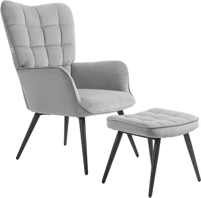 HOMCOM Ohrensessel mit Hocker in Hellgrau, moderner Relaxsessel mit Samtoptik und Metallgestell für Wohnzimmer und Esszimmer - Bild 1