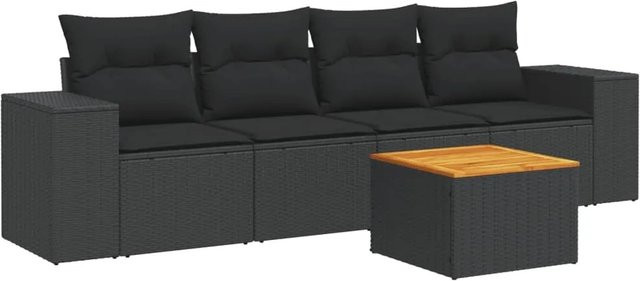 vidaXL 5-tlg Garten-Sofagarnitur Modell 50 aus Poly-Rattan und Akazienholz in Schwarz mit Kissen - Bild 1