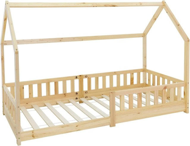 ML-Design Kinderbett Hausbett aus Kiefernholz mit Dach, Rausfallschutz und Lattenrost, Farbe: Braun, B/T/H: 90 x 200 x 142 cm - Bild 2