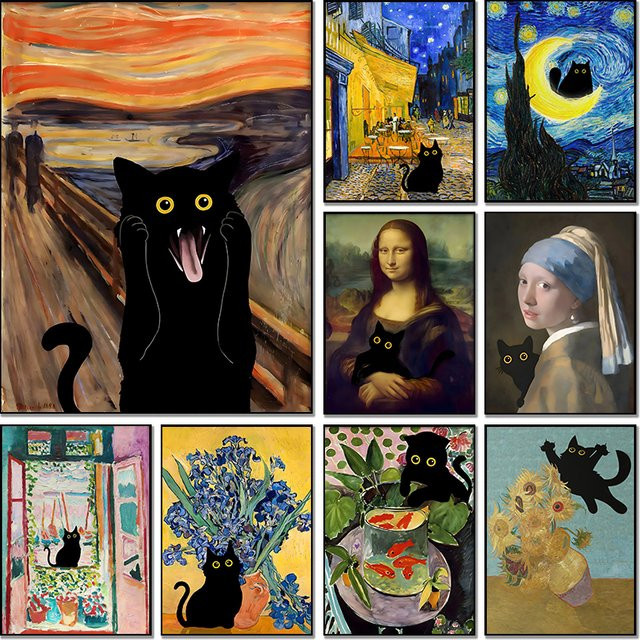 Potdemiel Wandkunst Leinwanddruck mit Mona Lisa, Sternennacht und lustiger schwarzer Katze in Multicolour - Bild 1
