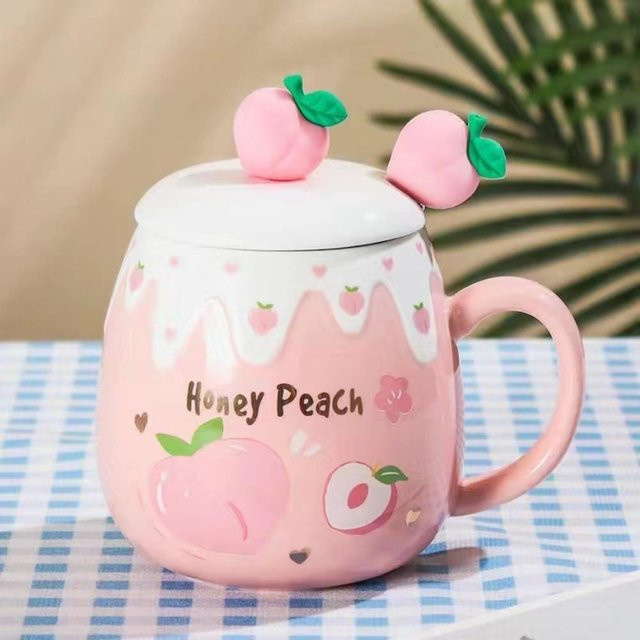 Qinyuan Keramiktasse mit Deckel und floralem Design, Honey Peach, 450 ml - Bild 1