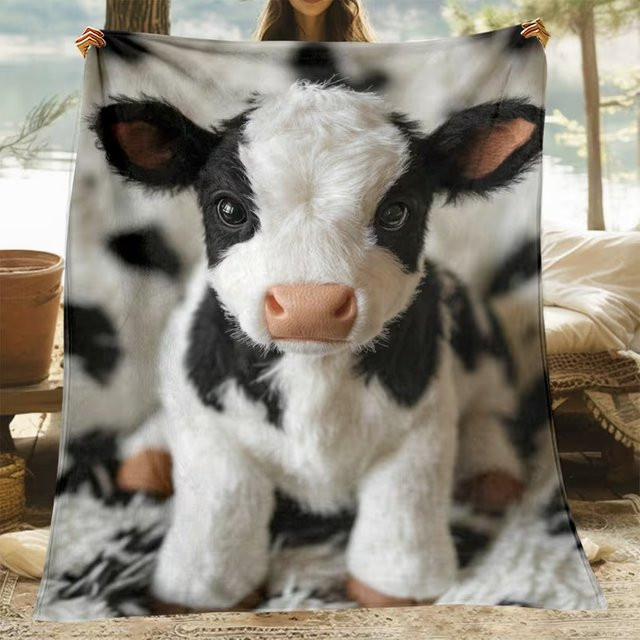 VIKAMA Kuschelige Kalb-Decke in Weiß, Weiche Tier-Style Überwurfdecke aus Polyester, B/T: 90 x 60 cm - Bild 1