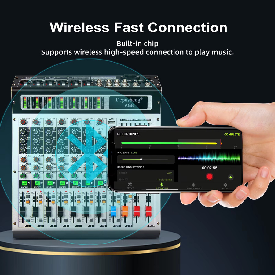 DEPUSHENG 8 Kanal DJ Mischpult mit Bluetooth und USB, Audio Mixer mit 48V Phantom Power für Karaoke und Bühne - Bild 5