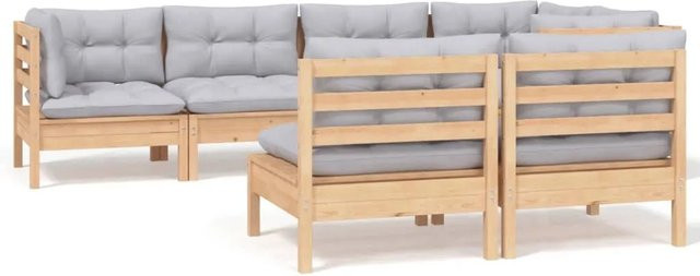 vidaXL 7-tlg. Garten-Lounge-Set in L-Form aus massivem Kiefernholz mit grauen Polstern - Bild 1
