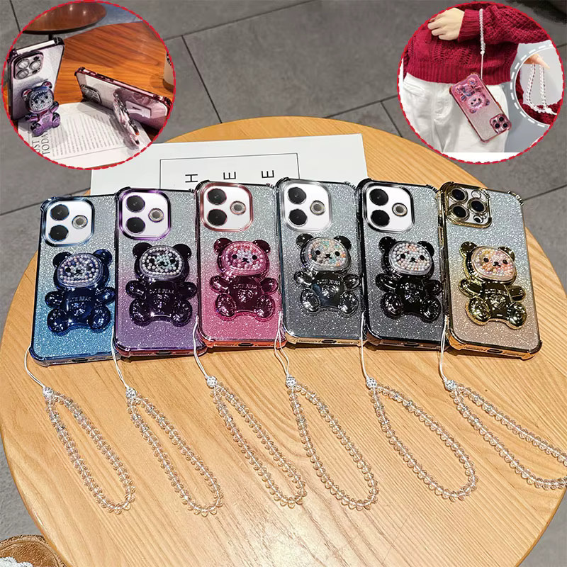 Stoßfeste Handyhülle für Oppo A5 Pro mit süßem 3D-Bärenständer, Glitzer-Design und Kristallketten-Lanyard, transparent/pink - Bild 1