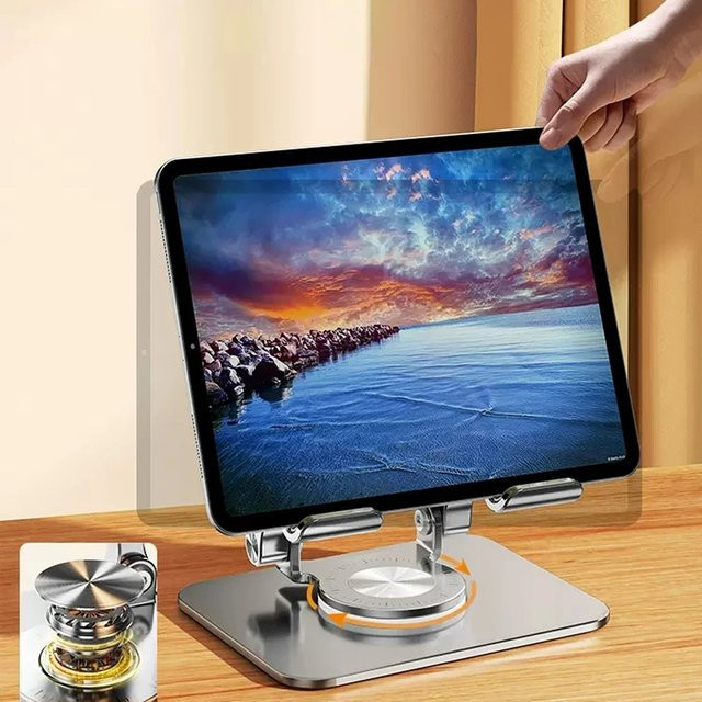 Faltbarer Handyhalter und Tablet-Riser in Schwarz oder Silber, 360 Grad drehbar und höhenverstellbar, rutschfest, passend für 4,7 bis 12 Zoll - Bild 1