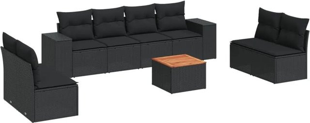 vidaXL 9-tlg Garten-Sofagarnitur aus Poly-Rattan und Akazienholz in Schwarz mit Kissen - Bild 1