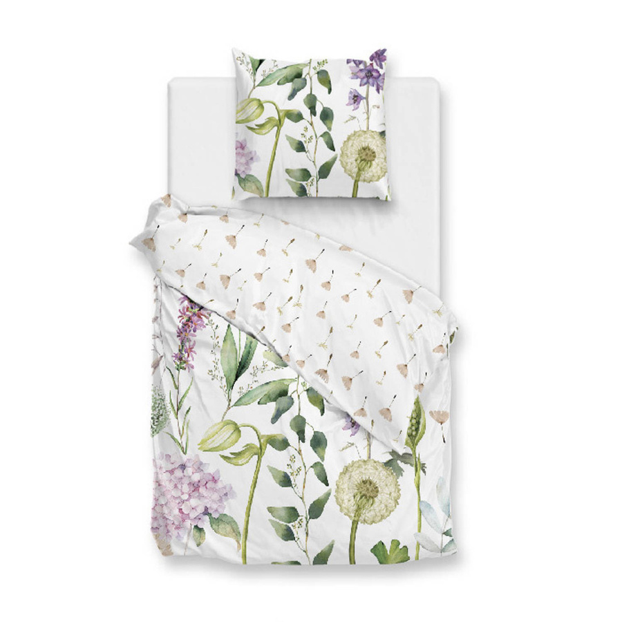 Zo! Home Mako-Satin Bettwäsche Set Dandelion White mit Pusteblume in Weiß, Lila und Grün, Wende Design, B/H: 135 x 200 cm mit Kissen 80 x 80 cm - Bild 1