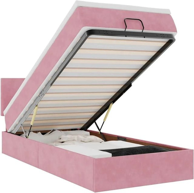vidaXL Ottoman-Bett mit Matratze in Rosa und Weiß, Samt, mit LED-Unterbettbeleuchtung und USB-Ladeanschluss, B/T/H: 90 x 190 x 103 cm - Bild 1