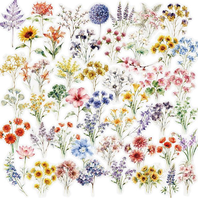 50-100 Stück Wasserfeste PET-Aufkleber mit Blumen- und Pflanzenmotiven in Transparent und Multicolour zur Dekoration von Tagebüchern, Handys und Gepäck - Bild 1