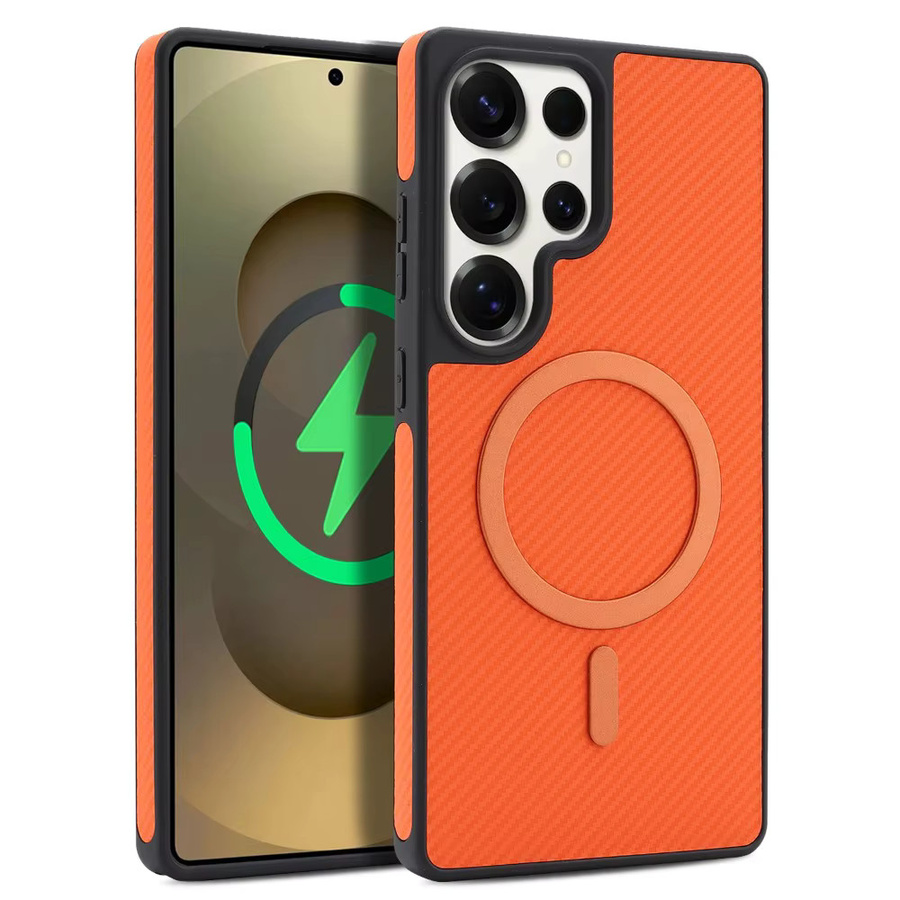 Samsung Business Carbonfaser-Leder-Textur Hülle für Galaxy S26 S25 S24 S23 Ultra Plus mit starken Magneten und Ladefunktion in Orange - Bild 5