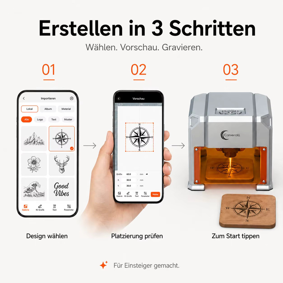 Carverall K4 3W Lasergravierer Mini-Graviermaschine mit WiFi-App-Steuerung und USB, Arbeitsbereich: 80 x 80 mm, für Holz, Leder und Papier - Bild 4