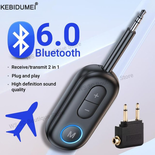 Kebidumei Bluetooth 6.0 Audio Sender und Empfänger mit 3,5 mm AUX Anschluss und Mikrofon für HiFi Stereo Musik im Auto, Flugzeug, TV oder PC - Bild 1