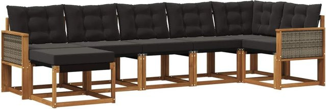 vidaXL Outdoor-Sofagarnitur L-Form aus Akazienholz mit Textilene-Bezug und Kissen, 7-teilig, Natur und Schwarz - Bild 1