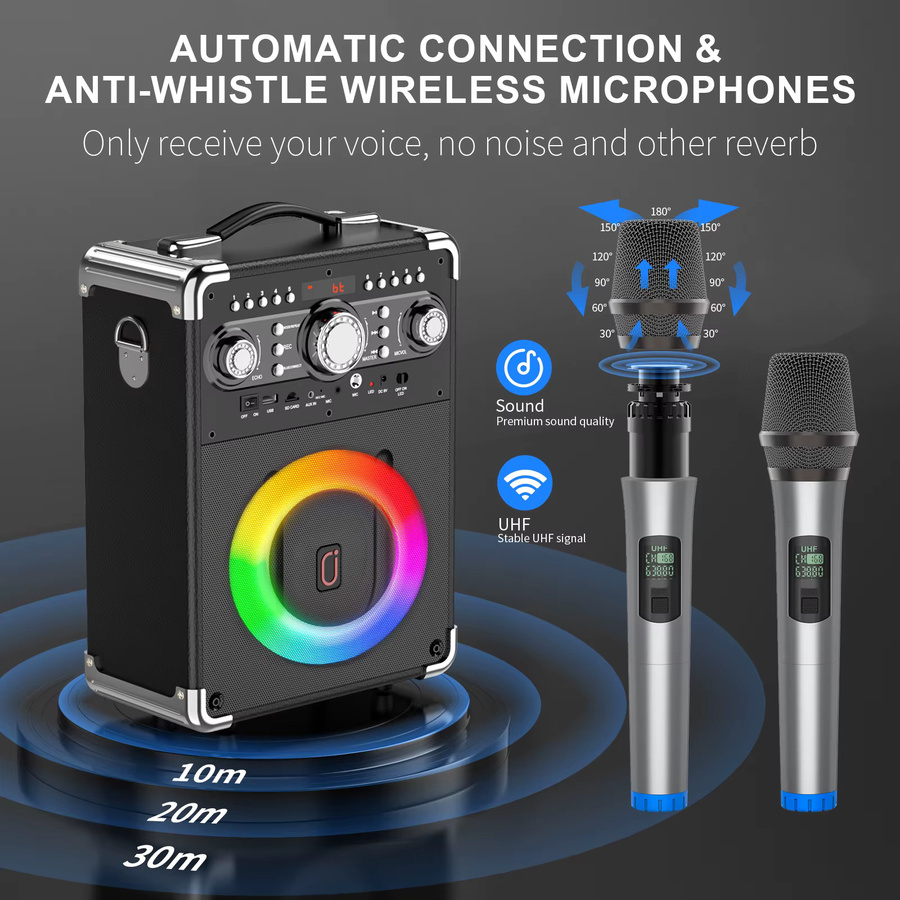 FanFun S8-T Karaoke-Maschine in Schwarz mit 3 kabellosen Mikrofonen, unterstützt Bluetooth, USB, TF-Karte und Gitarrenanschluss - Bild 3