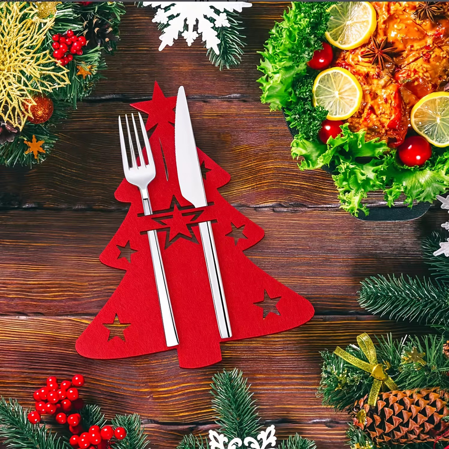 DUTRIEUX Weihnachts-Tischdekoration aus Filz mit Besteckhaltern und Tischsets in Weihnachtsbaum-Form, 12 Stück - Bild 3