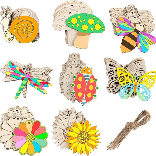 Tissy 10er Set Holz-Osterornamente mit Blumen und Insekten als Hängeanhänger in Mehrfarbig für deine Frühlingsdekoration und DIY-Geschenke - Bild 1