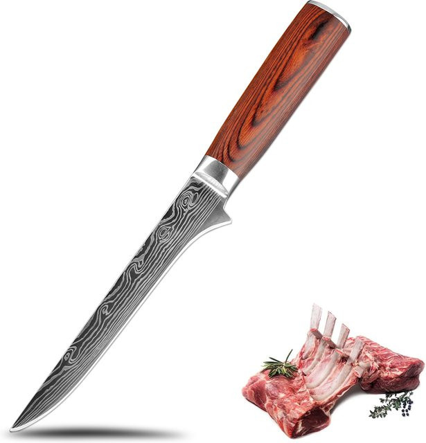 Xituo Ausbeinmesser aus Edelstahl mit Laser-Damast-Muster und Redwood-Griff in Braun, 15,24 cm - Bild 1