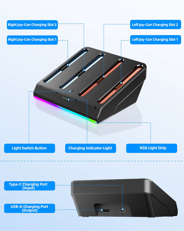 aolion Ladestation und Dockingstation für Nintendo Switch 2 inklusive Ladekabel und Controller-Ladegerät mit Kontrollleuchte in Schwarz oder Blau - Bild 4