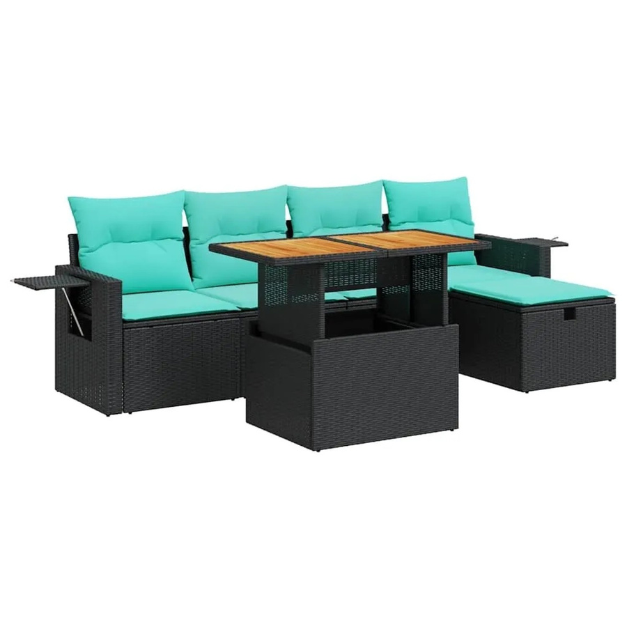 vidaXL 6-teilige Garten-Sofagarnitur in L-Form mit Kissen und Couchtisch, Schwarz, Poly-Rattan mit Metallgestell - Bild 2