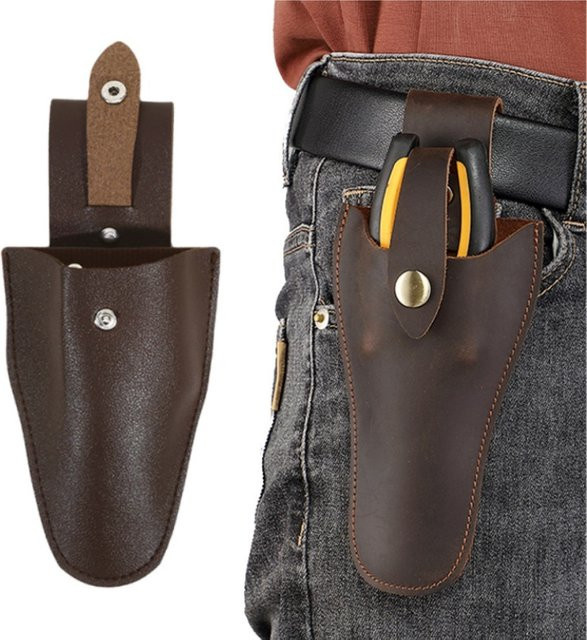 Werkzeugtasche aus Leder für Gartenschere und Elektriker-Werkzeug, Tragbare Gürteltasche mit Schnalle zur Aufbewahrung von Zangen und Trimmausrüstung, Schwarz und Braun - Bild 1
