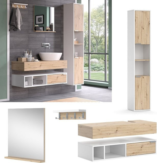 Vicco Badmöbel-Set Henri in Weiß mit dekorativen Fronten, 5-teilige moderne Badserie bestehend aus Badspiegel, Wandregal, Waschtischkonsole und Hochschrank - Bild 2
