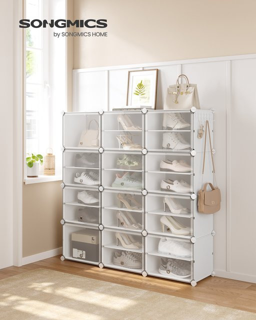 SONGMICS Schuhregal mit 12 Fächern und Türen in Weiß, schmaler Schuhschrank aus Stahl und Kunststoff - Bild 1