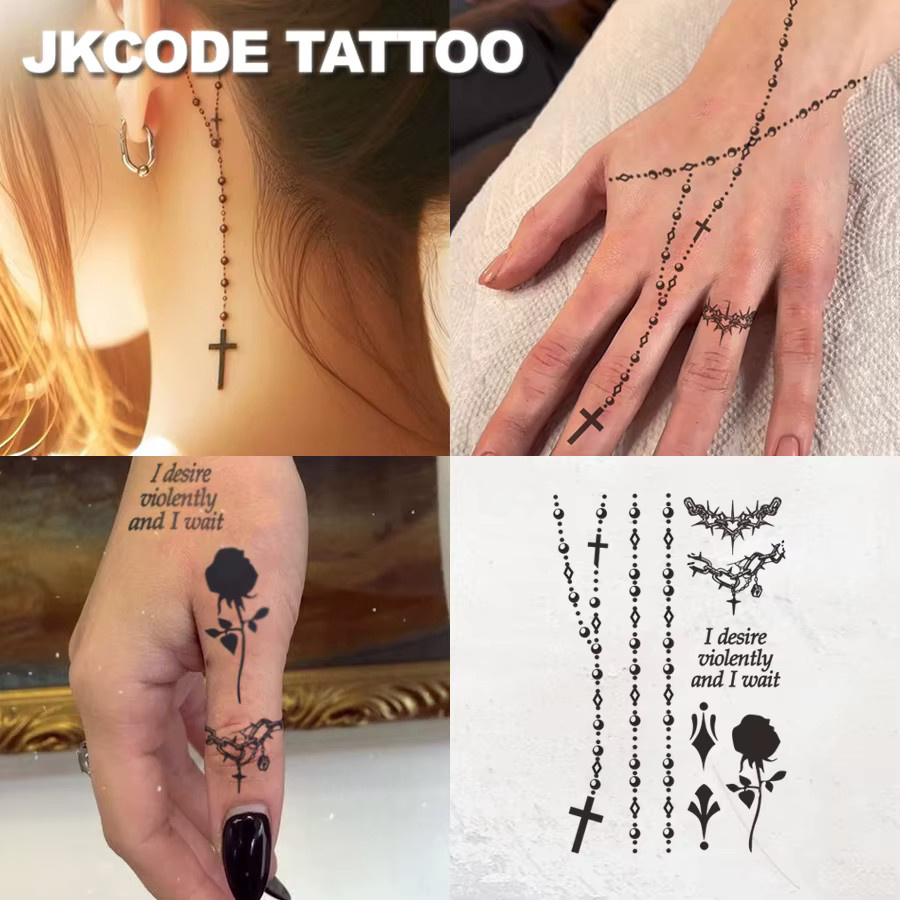 JKCODE TATTOO Temporäre Tattoos, Wasserfest, Set mit Kreuz-Armband, Dornenring, Rosen und Finger-Tattoos - Bild 2