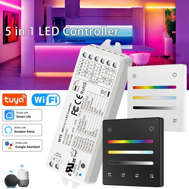 YSRSAI WT5 Tuya Smart Life LED-Controller 5in1 RGBCCT 4-Zonen-Touchpanel für 12V 24V LED-Streifen, kompatibel mit Amazon Alexa und Google Assistant, in Schwarz oder Weiß - Bild 1